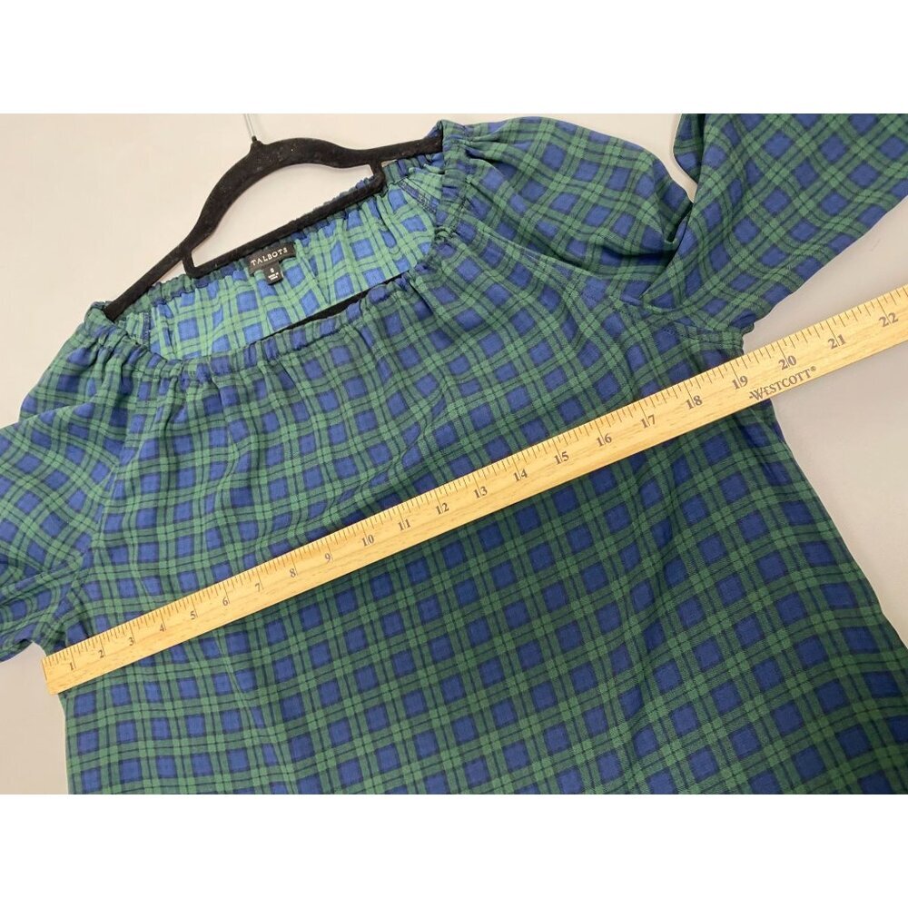 Talbots Green Plaid Elastic Off Shoulder Long Sleeve Top Size Small Holiday - Picture 7 of 11